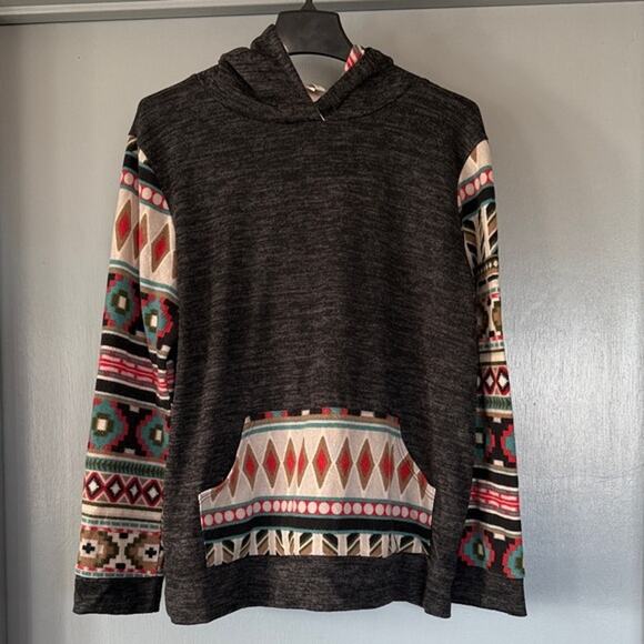 Now N Forever Tops - Vtg Women Aztec Southwestern Hoodie Pullover Top Pocket Long Sleeves sz L USA